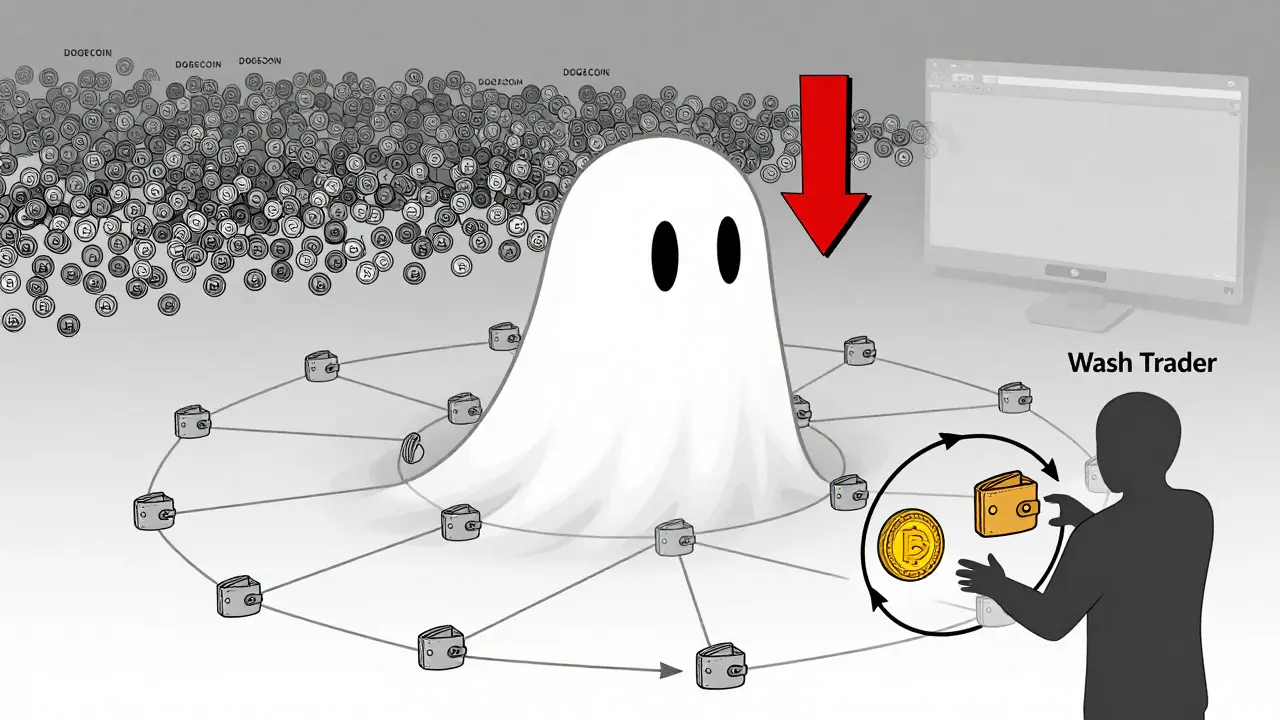 A sparse network of 5,500 wallets for COTS contrasts with a dense crowd of Dogecoin wallets, while a wash trader loops transactions in the background.