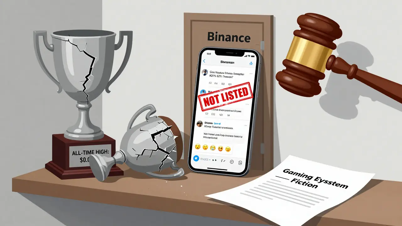An abandoned trophy for COTS' peak price sits beside negative tweets and a 'NOT LISTED' stamp on a Binance door, with a regulatory gavel looming.