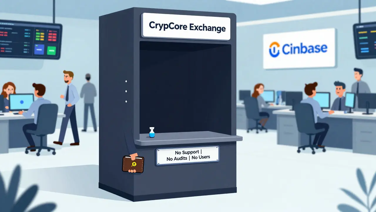 An investor hesitating at an empty, dark kiosk labeled Crypcore, while thriving real exchanges operate in the background.