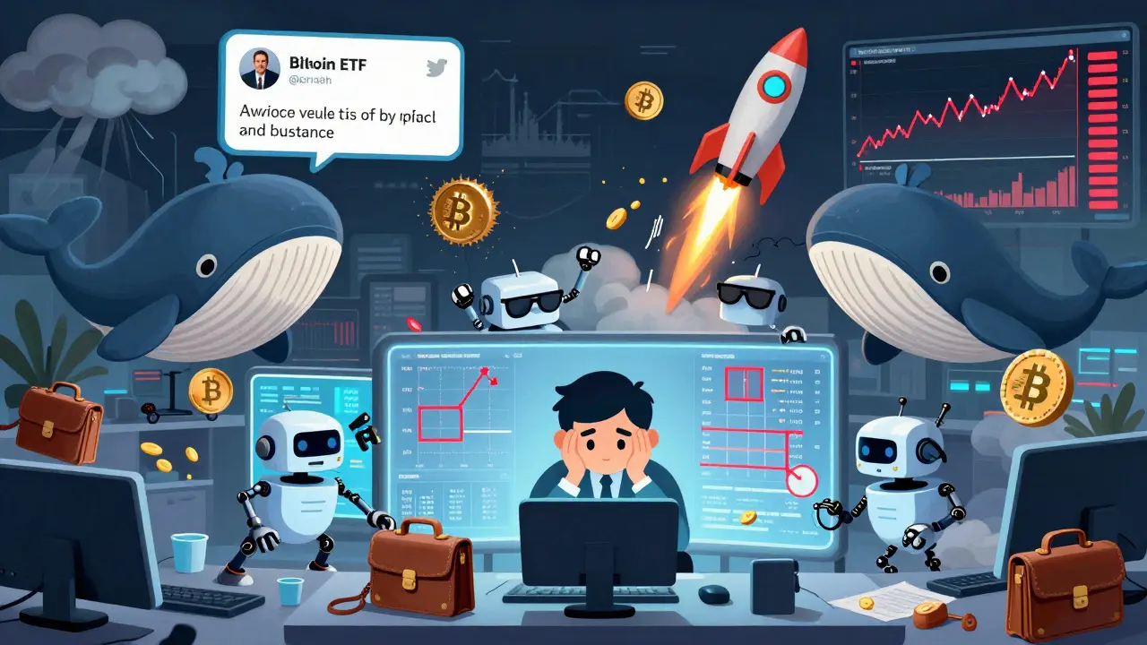 Cartoon bots and whales causing market chaos on a trading floor, with a regulator’s tweet and ETF rocket above, while a stressed investor watches price graphs fluctuate.