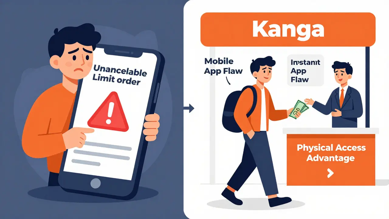 Contrast between mobile app limit order issue and easy cash-to-crypto in-store transaction.