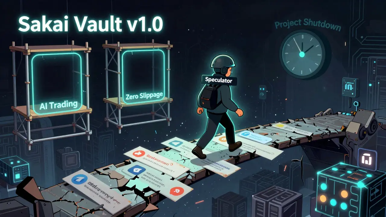 Crumbling Sakai Vault platform with unfinished features and a lone speculator crossing a fading bridge