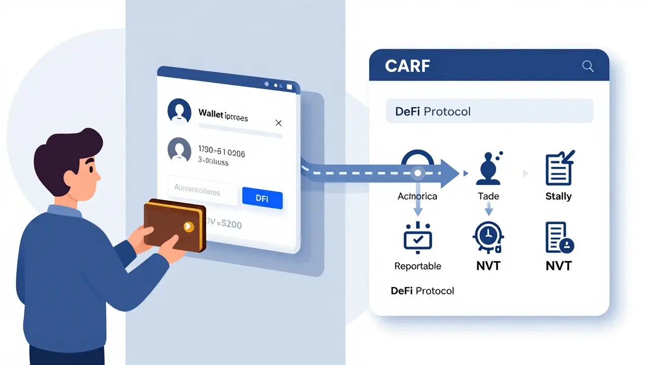 Crypto transaction data flowing automatically from a DeFi platform into a tax authority's CARF system.