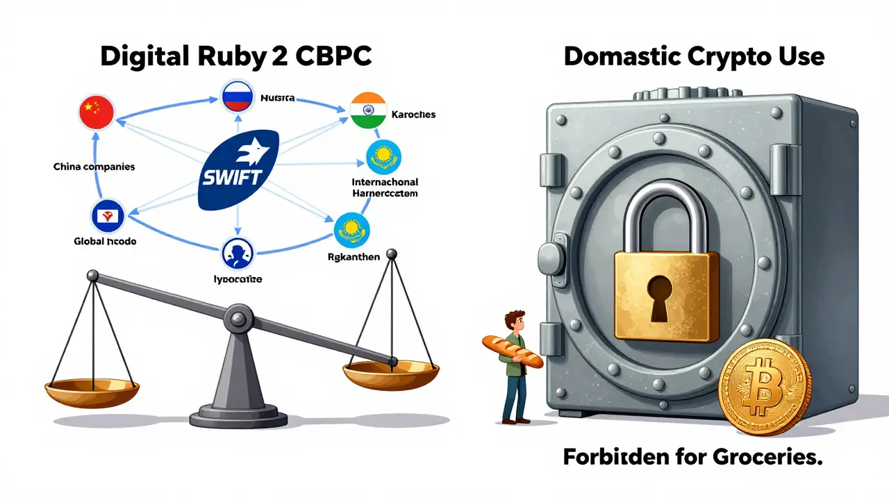 Digital Ruble enabling international trade while domestic crypto use is blocked by a giant lock.