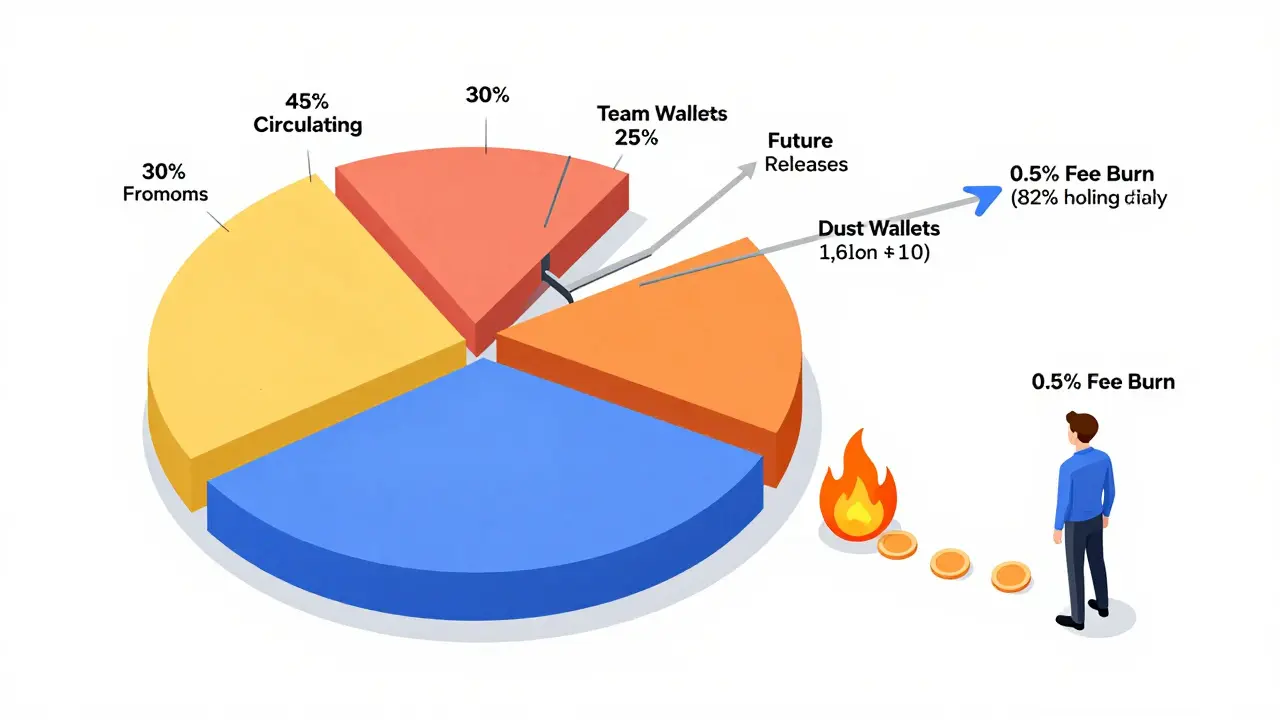 Fractured token economy diagram showing circulating supply and minimal fee burning