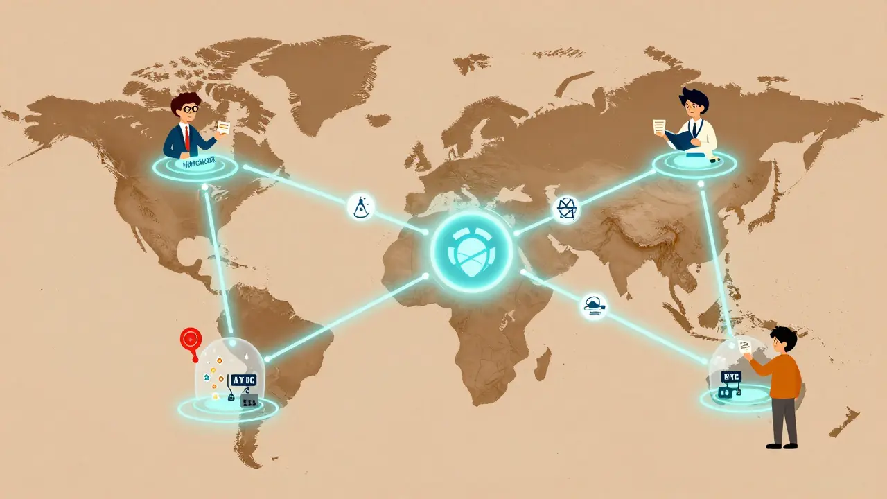 Global network of investors connected to a tokenized warehouse, showing fractional ownership across countries with compliance safeguards.