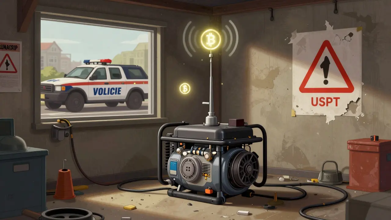 Hidden mining rig powered by diesel generator in a garage, with government patrol visible outside.