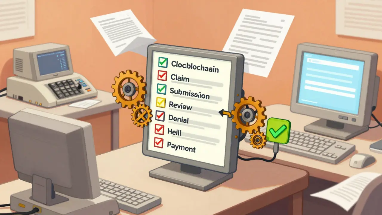 Hospital billing process transformed by blockchain, replacing paper forms with digital verification steps.