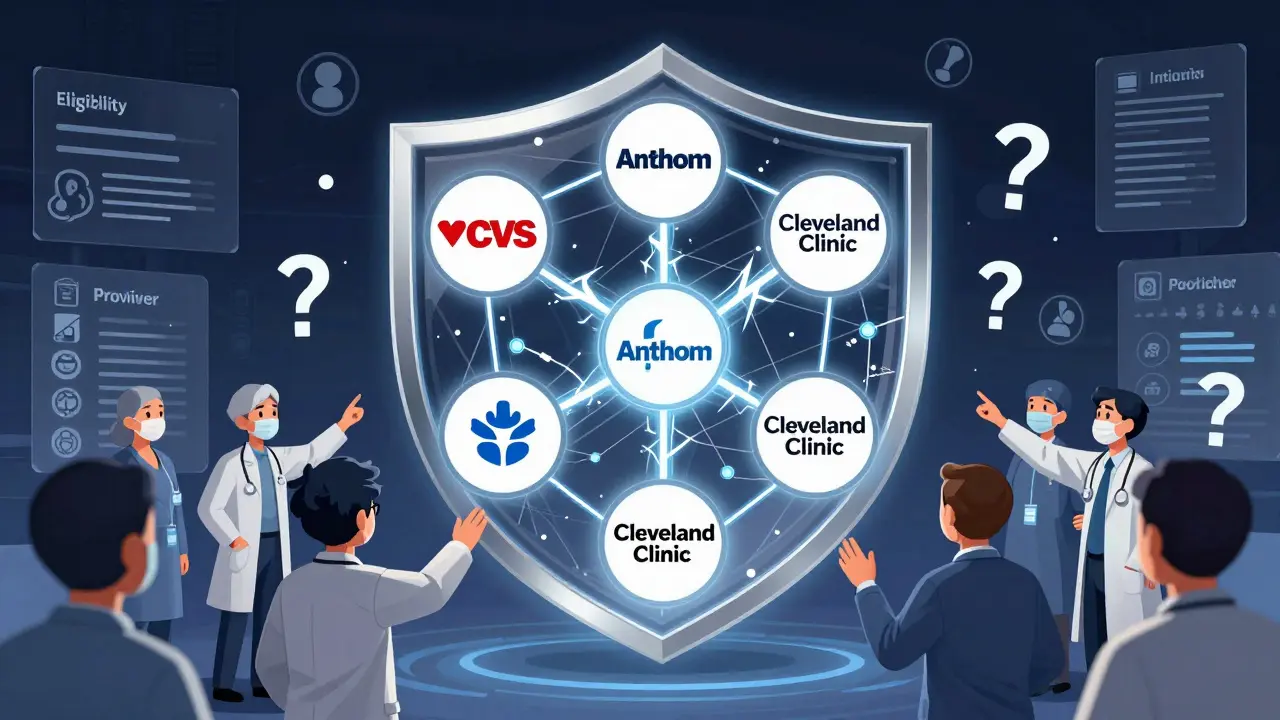 Major healthcare organizations connected by a fast blockchain network, with smaller clinics excluded.