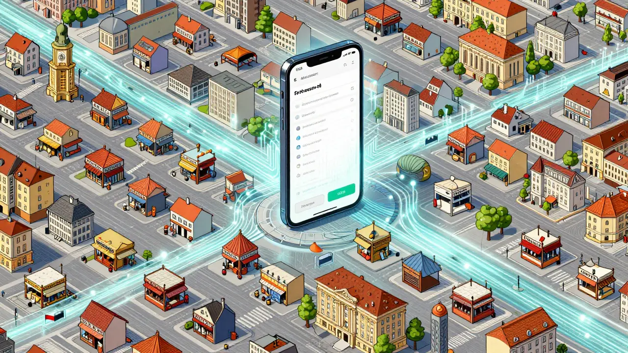 Map of Central Europe showing Kanga Exchange locations as glowing dots connected by crypto transaction lines.