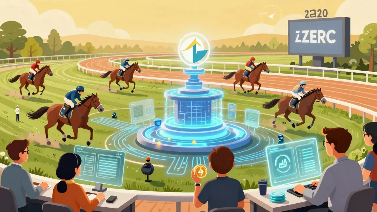 Players breeding NFT racehorses in a digital metaverse using ZERC tokens on a glowing hippodrome with blockchain nodes beneath.