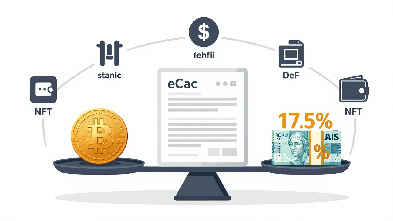 Scale balancing Bitcoin against taxed reais with staking and DeFi icons
