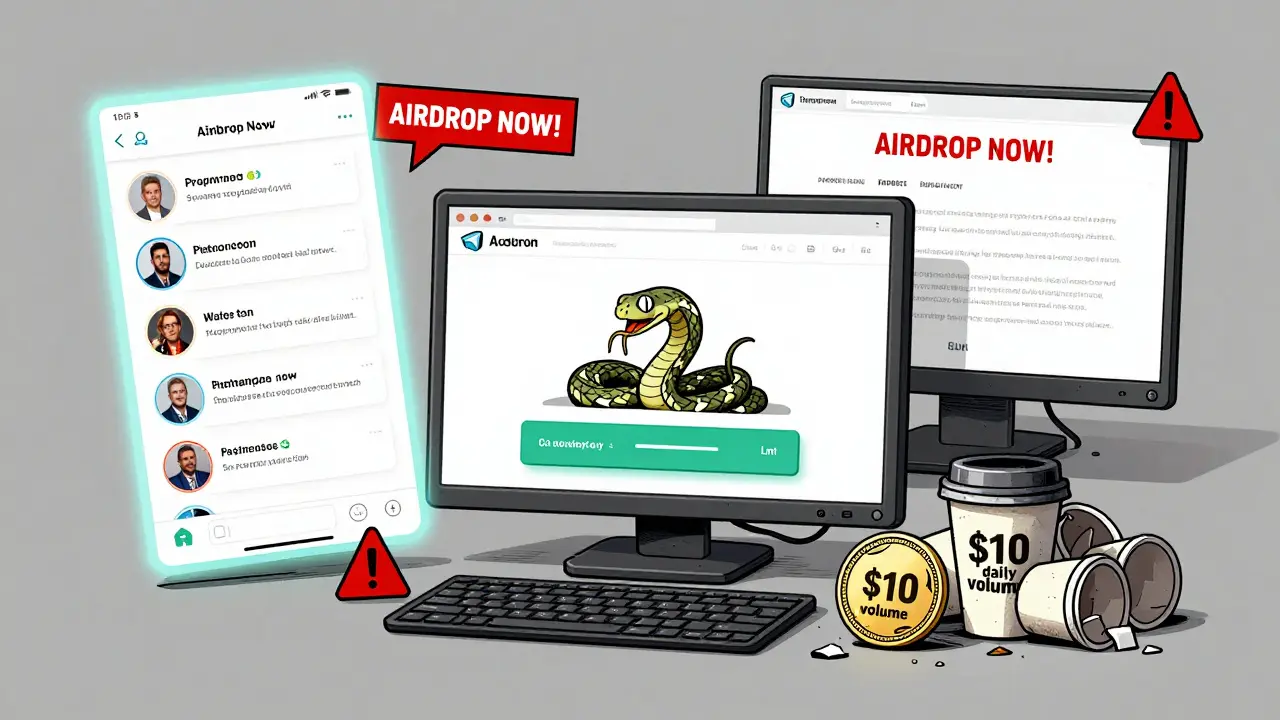 Scammer's toolkit with fake airdrop banners, phishing link, and tiny LMT token.