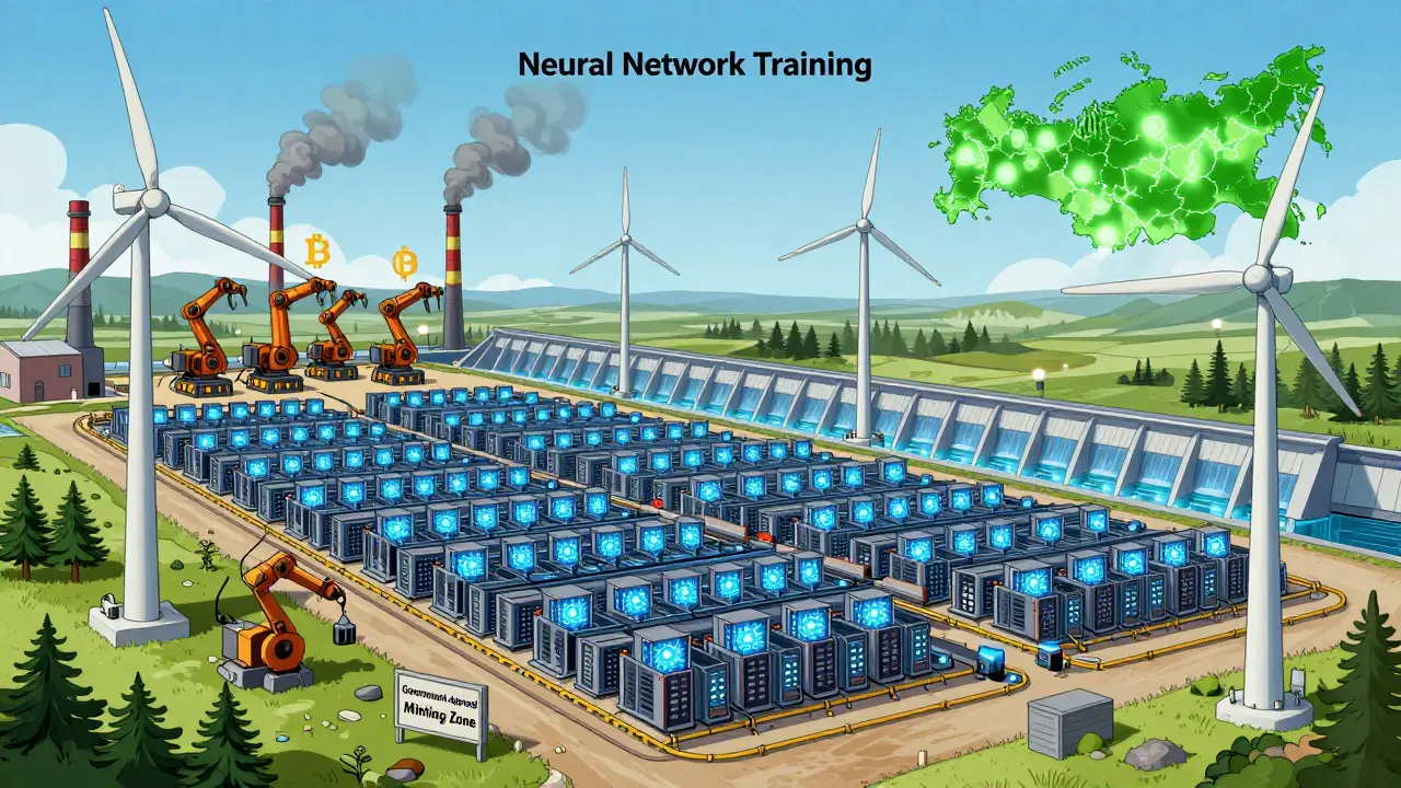 Siberian crypto mining farm converting energy into AI infrastructure with robotic arms repurposing mining rigs.