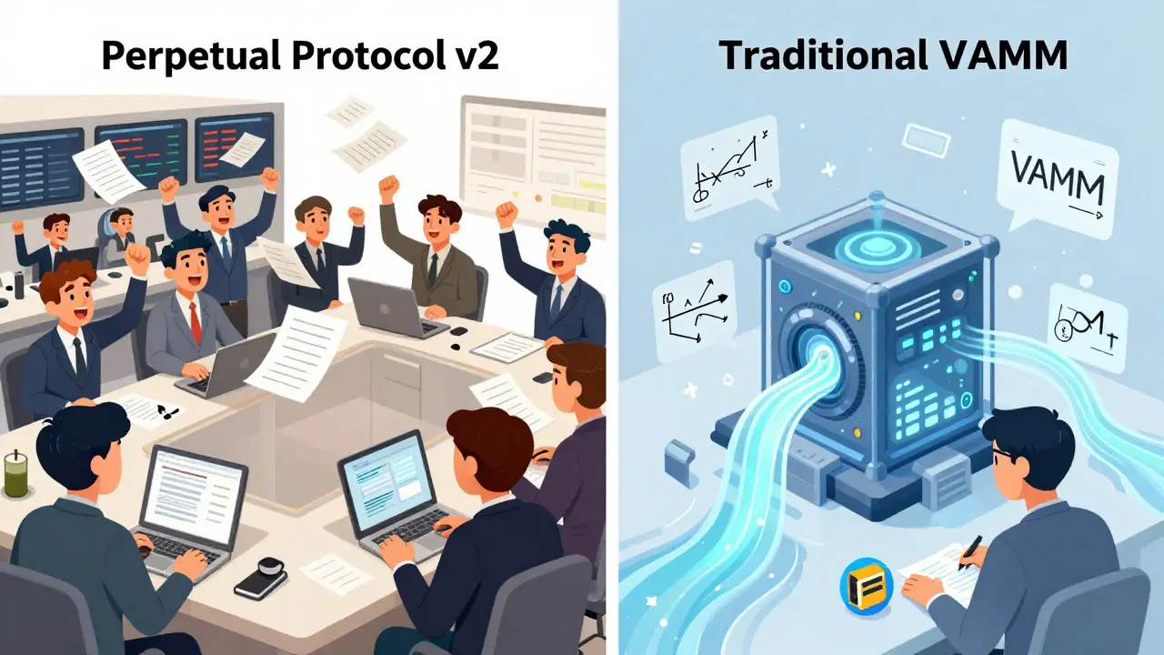 Side-by-side comparison of chaotic centralized trading floor vs. clean vAMM automated system