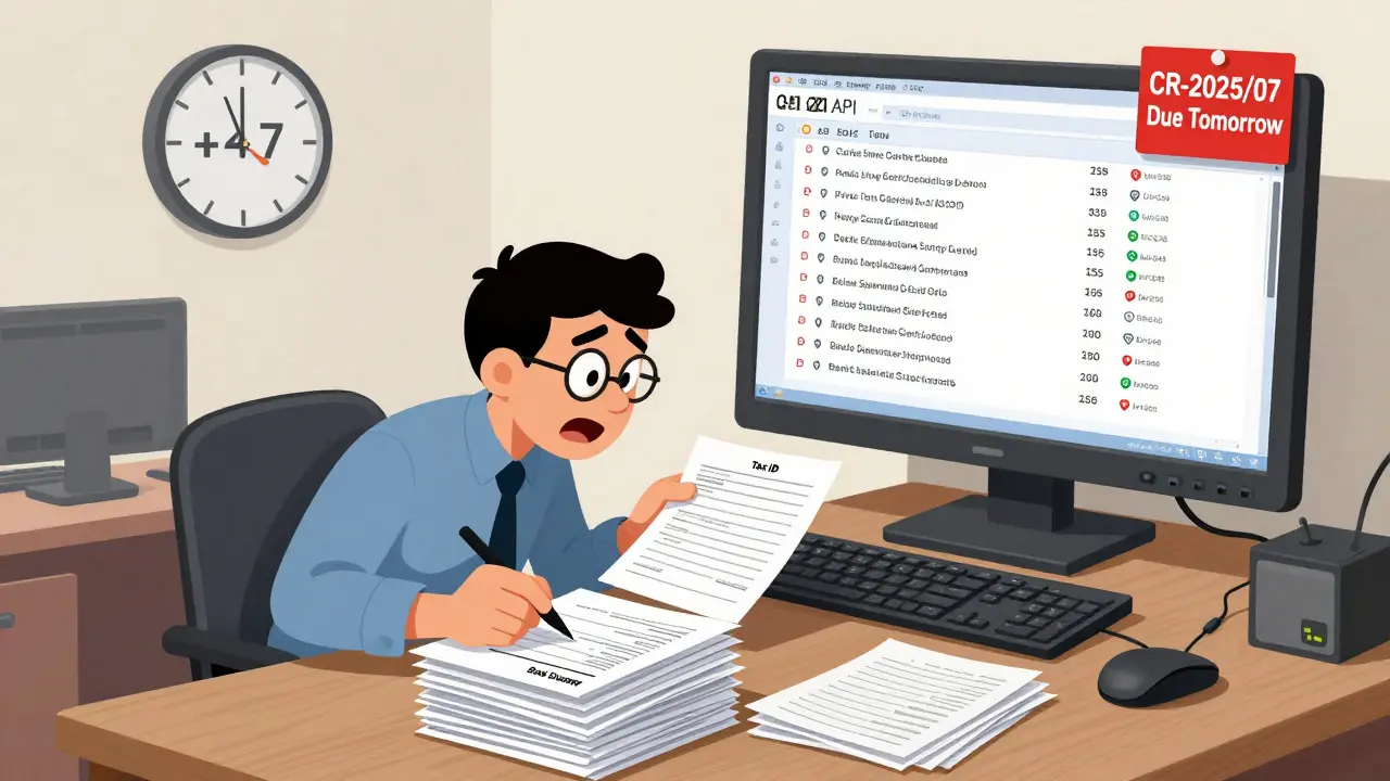 Small business worker overwhelmed by 17 compliance documents while a CBI API tracks every transaction in real time.