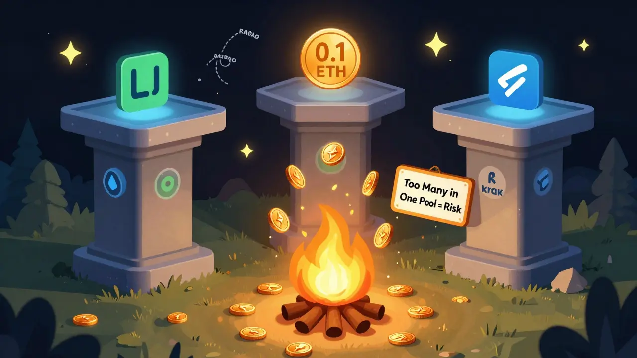 Small crypto coins contributing to a communal staking pool fire, with major platforms above and random stars symbolizing selection.