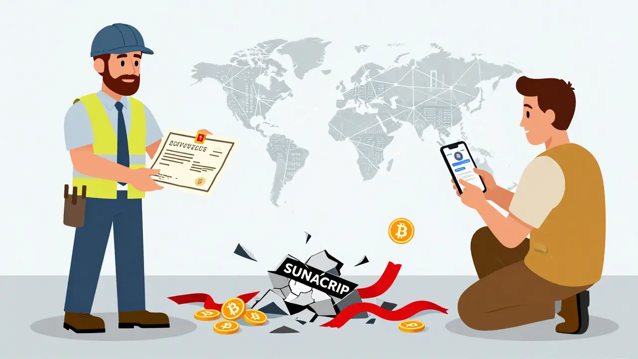 Split scene showing official crypto license versus anonymous peer-to-peer Bitcoin trade, with broken state agency logo.
