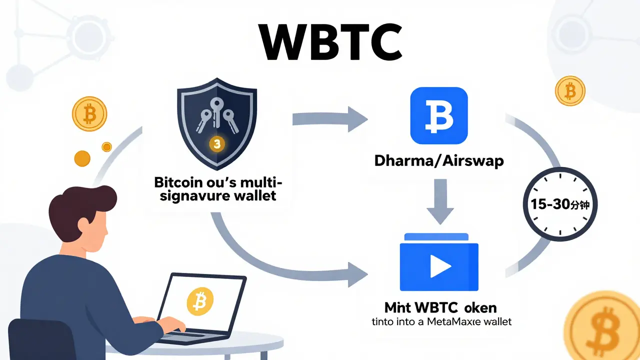 Step-by-step visual of wrapping Bitcoin into WBTC with BitGo, a merchant, and Ethereum smart contract interaction.
