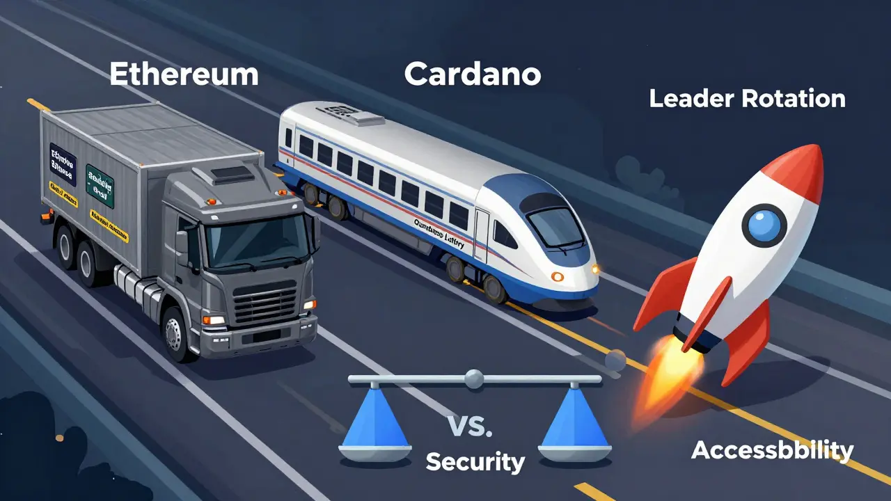 Three blockchain vehicles on a road—Ethereum armored truck, Cardano train, Solana rocket—compared on a security vs. accessibility scale.