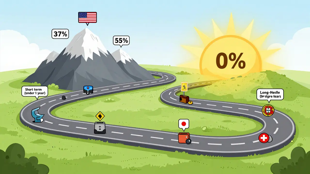 Timeline road showing short-term crypto taxes versus long-term tax-free paths in Germany and Portugal