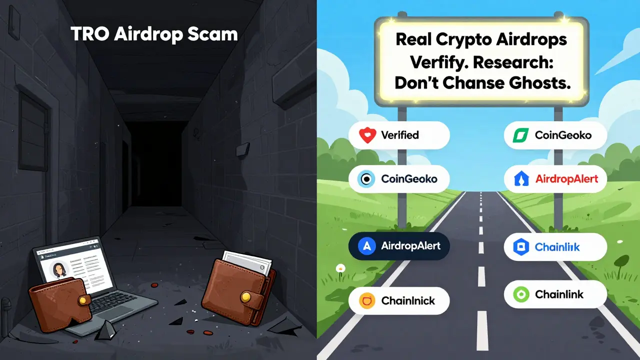 Two paths: one leading to scams, another to verified crypto airdrop platforms with clear guidance.