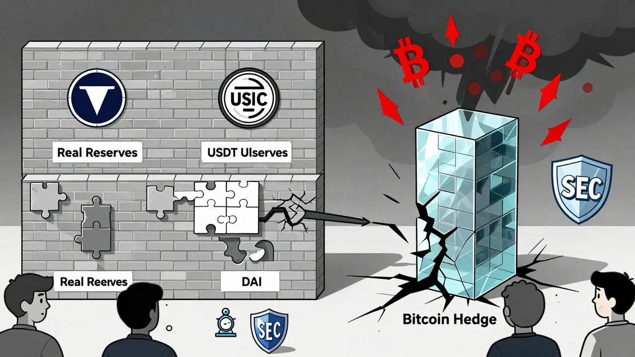 USDX compared to other stablecoins: fragile glass tower vs. solid brick walls and modular puzzle.