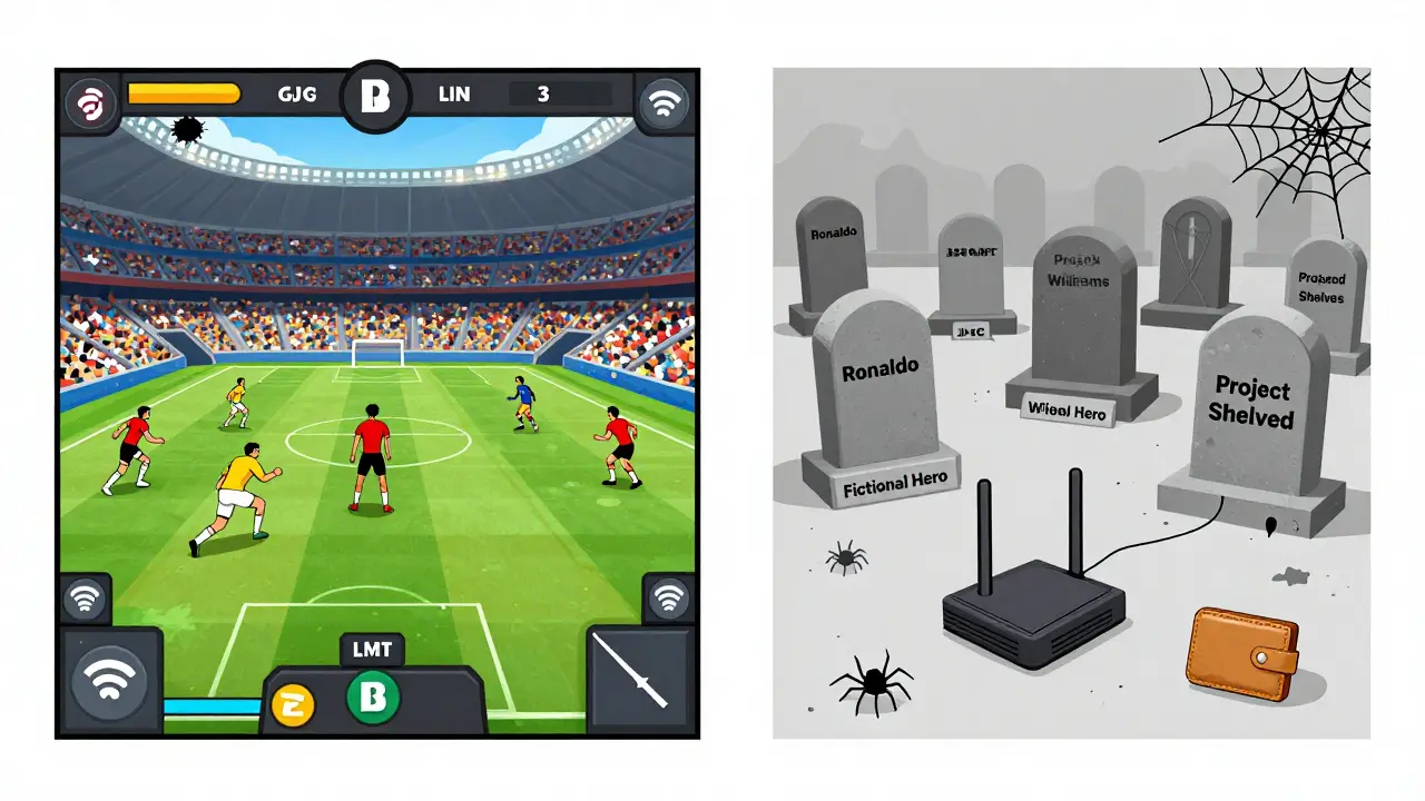 Vibrant sports NFT game vs. graveyard of dead JPEG NFTs and abandoned tech.