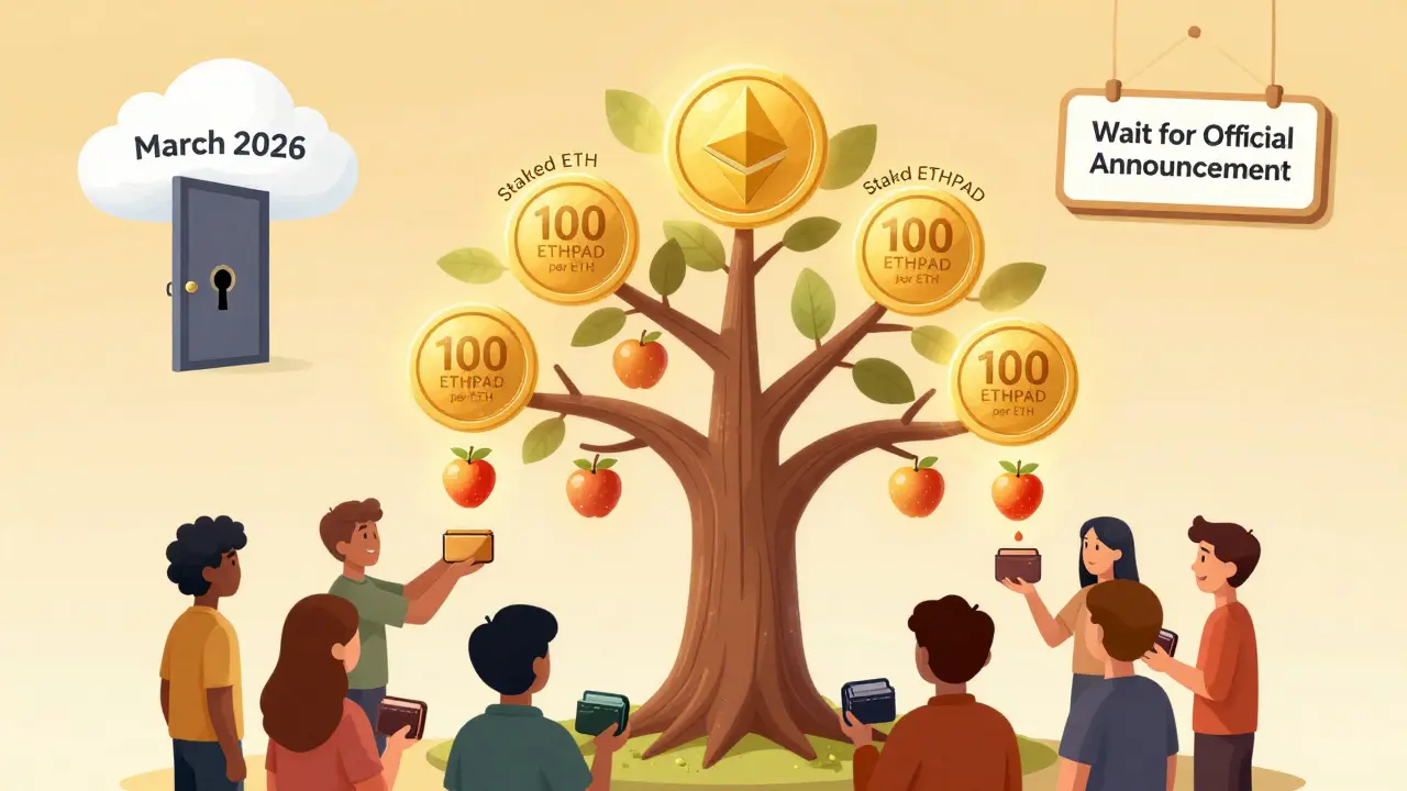 A blockchain-rooted tree with token fruit labeled '100 ETHPAD per ETH', one fruit falling into a wallet, with a locked door labeled 'March 2026' above.