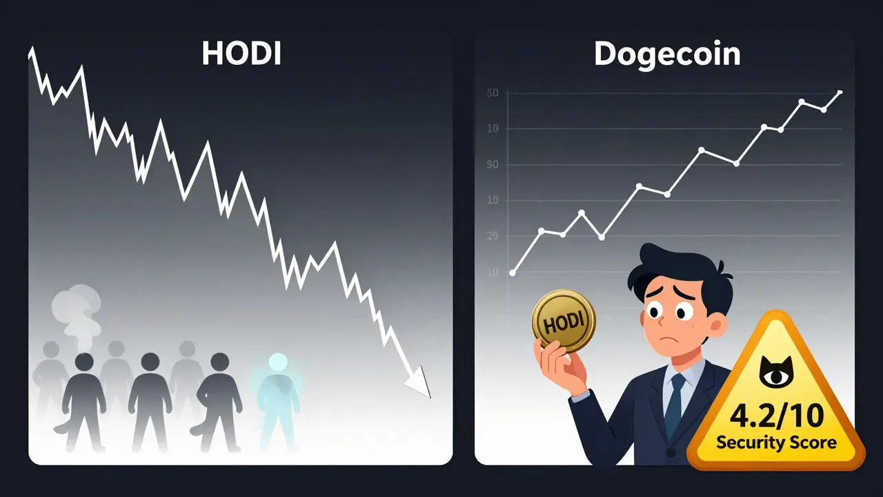 A chaotic HODI trading chart plummets while an anonymous team vanishes, with a low security score displayed.