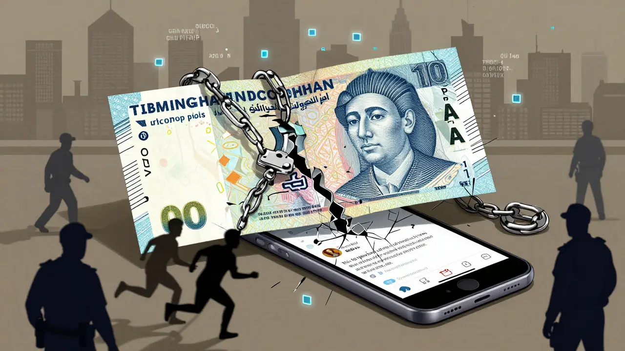 A crumbling Egyptian pound is chained by blockchain links, with influencers being arrested for promoting crypto online.