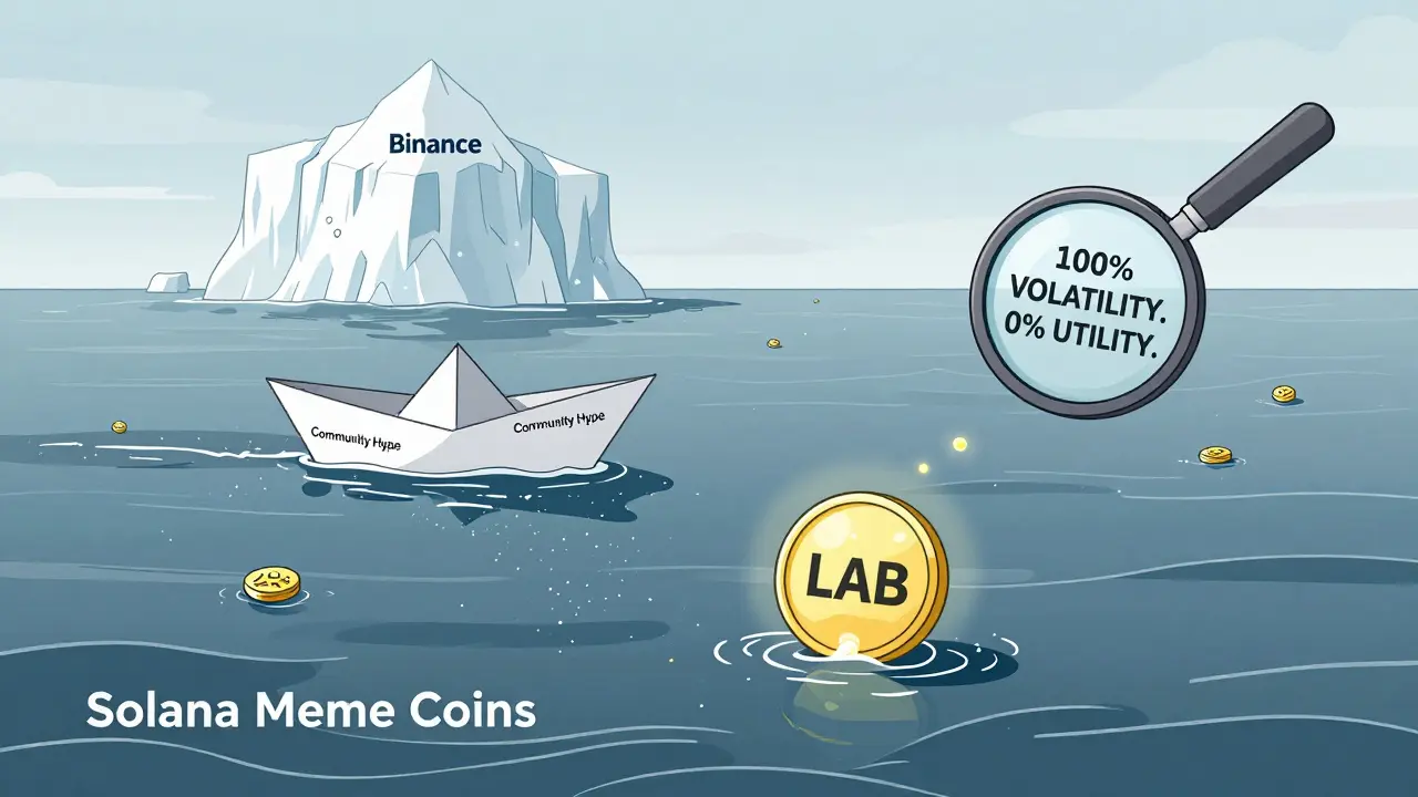 A fragile LAB token floating in a vast ocean of 5,000+ meme coins, with a distant Binance iceberg and a drifting 'Community Hype' boat.