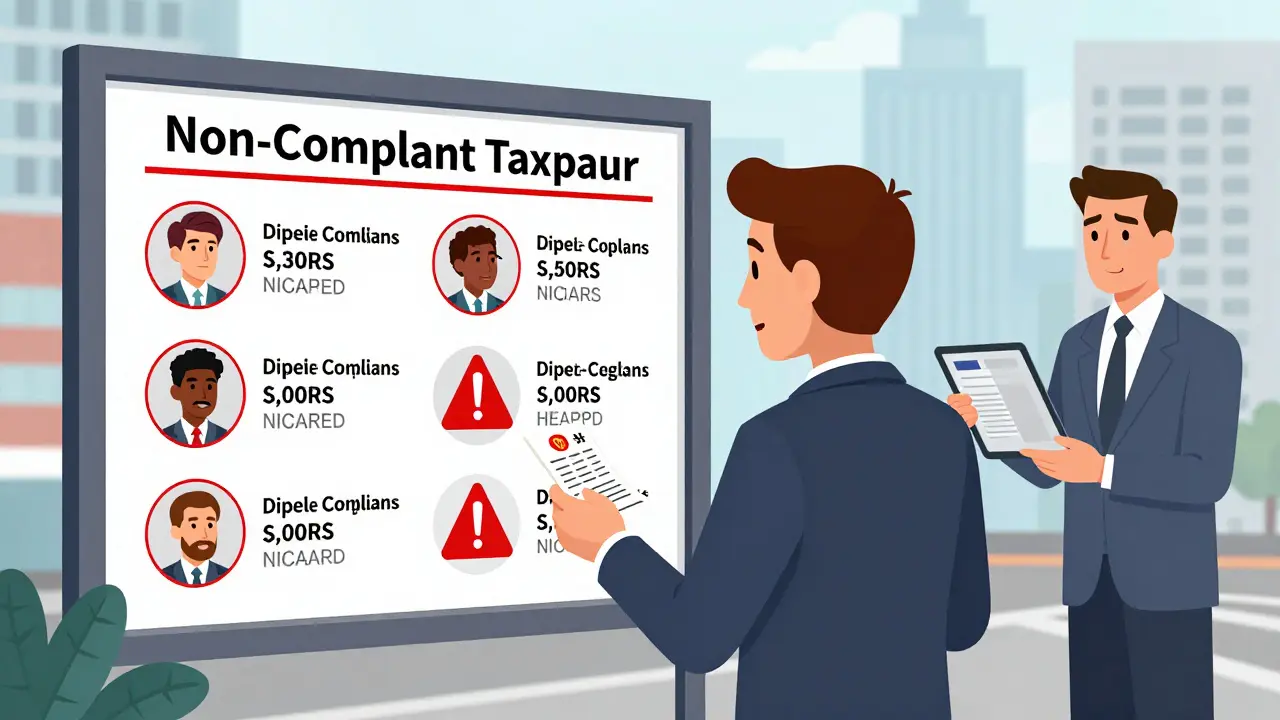 A public notice board listing non-compliant crypto taxpayers, with a business owner reacting nearby.