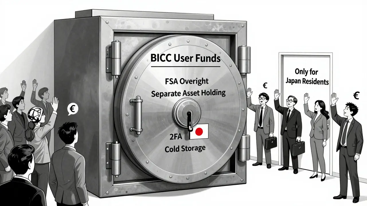 A secure vault labeled 'BICC User Funds' protected by regulatory layers, with a 'Only for Japan' door.
