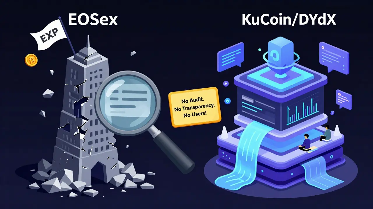 A side-by-side contrast: a crumbling EOSex tower versus a thriving modern exchange, highlighting lack of users and transparency.