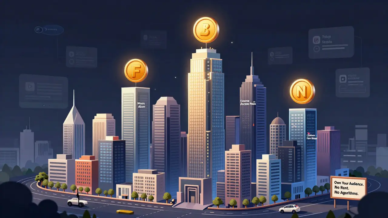 A skyline of NFT assets rising above fading social media platforms, symbolizing digital ownership in the creator economy.