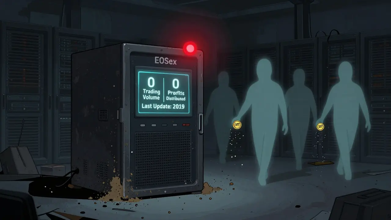 An abandoned server room with a lone EOSex terminal showing zero activity and ghostly users walking away as their EXP tokens turn to dust.
