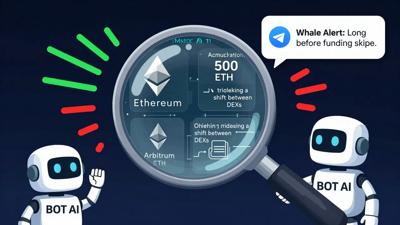 An AI magnifying glass reveals hidden whale activity and liquidity shifts across blockchains, with color-coded alerts and a Telegram notification.