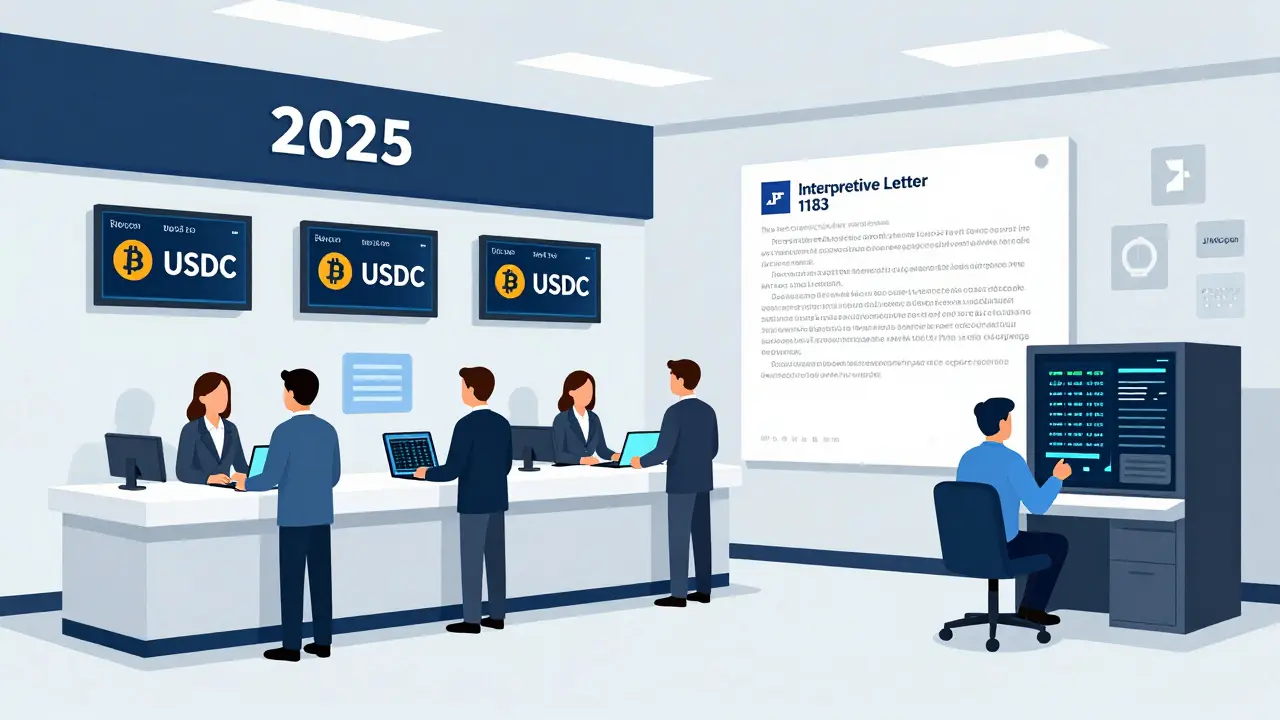 Bank teller helping a customer custody cryptocurrency with digital displays showing real-time balances.