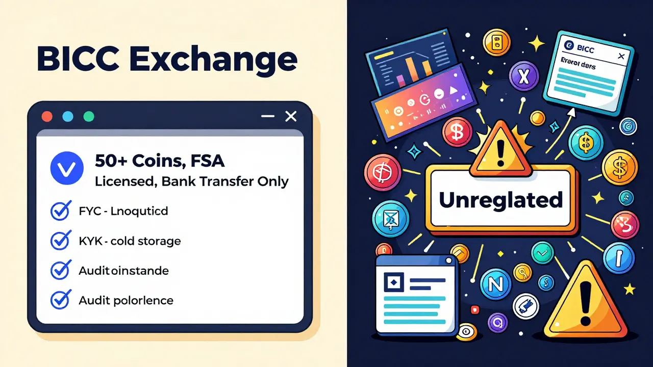BICC Exchange compared to an unregulated crypto platform with compliance icons and warning signs.