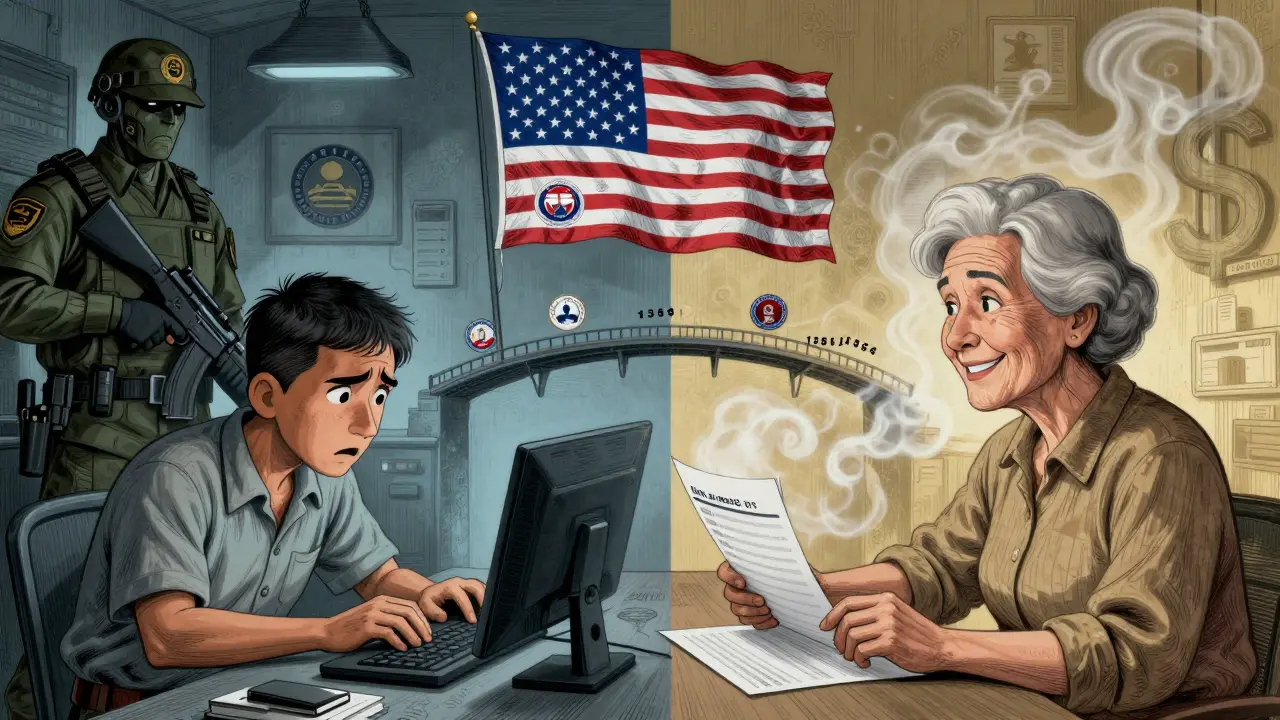 Contrasting scene: trapped victim on one side, scammed American on the other, connected by U.S. sanctions symbols.