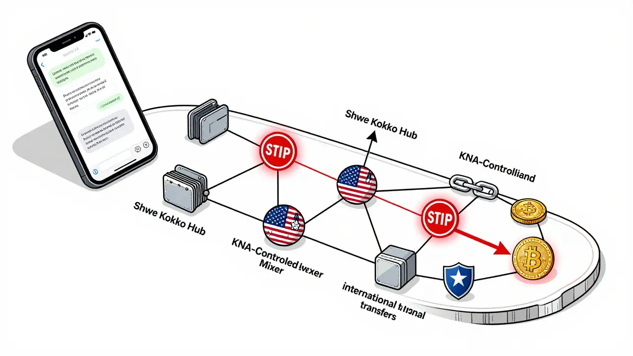 Cryptocurrency transaction chain blocked by U.S. sanctions, tracing fraud from victim to laundered funds.