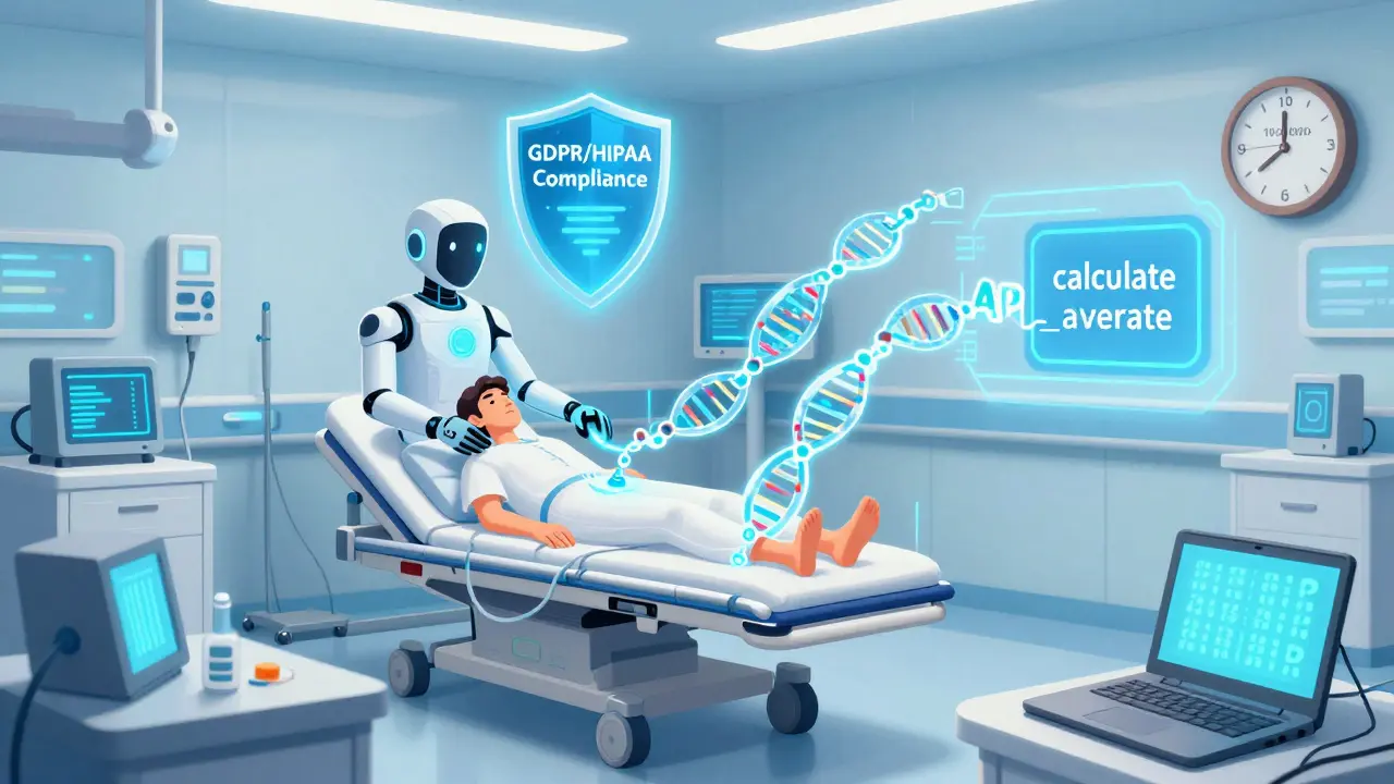 Encrypted health data flows between devices while an AI analyzes it without exposure, under a compliance shield and performance warning.