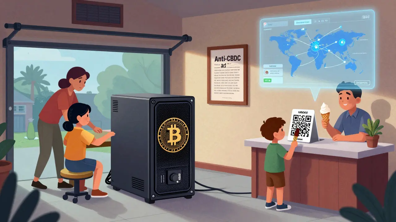 Family mining Bitcoin at home while using stablecoins for everyday purchases, with legal documents visible.