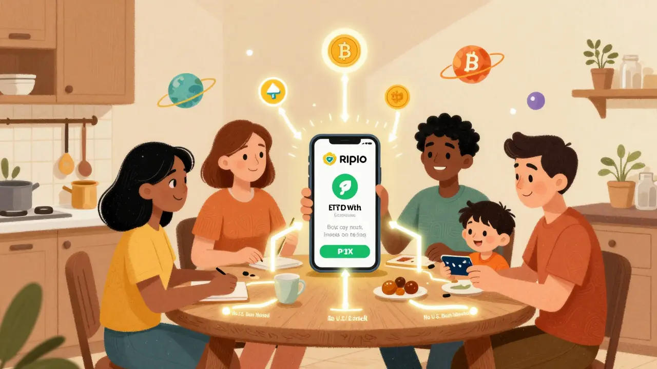 Family using Ripio’s crypto ecosystem together at home, connected by digital financial pathways.
