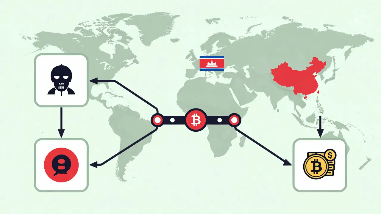 Four-stage crypto cash-out process with bridge, Bitcoin, and fiat icons