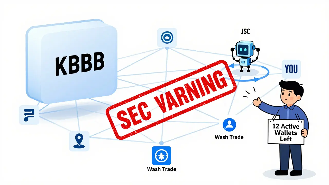KBBB's contract address isolated on a blockchain with no developer activity, a wash trade bot, and an SEC warning stamp.