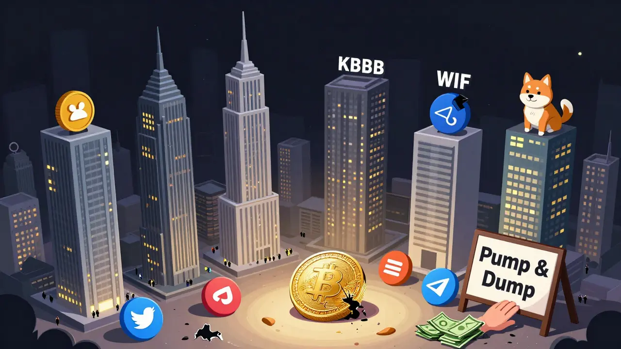 KBBB as a tiny broken toy coin next to towering, thriving crypto projects like Dogecoin and Shiba Inu.