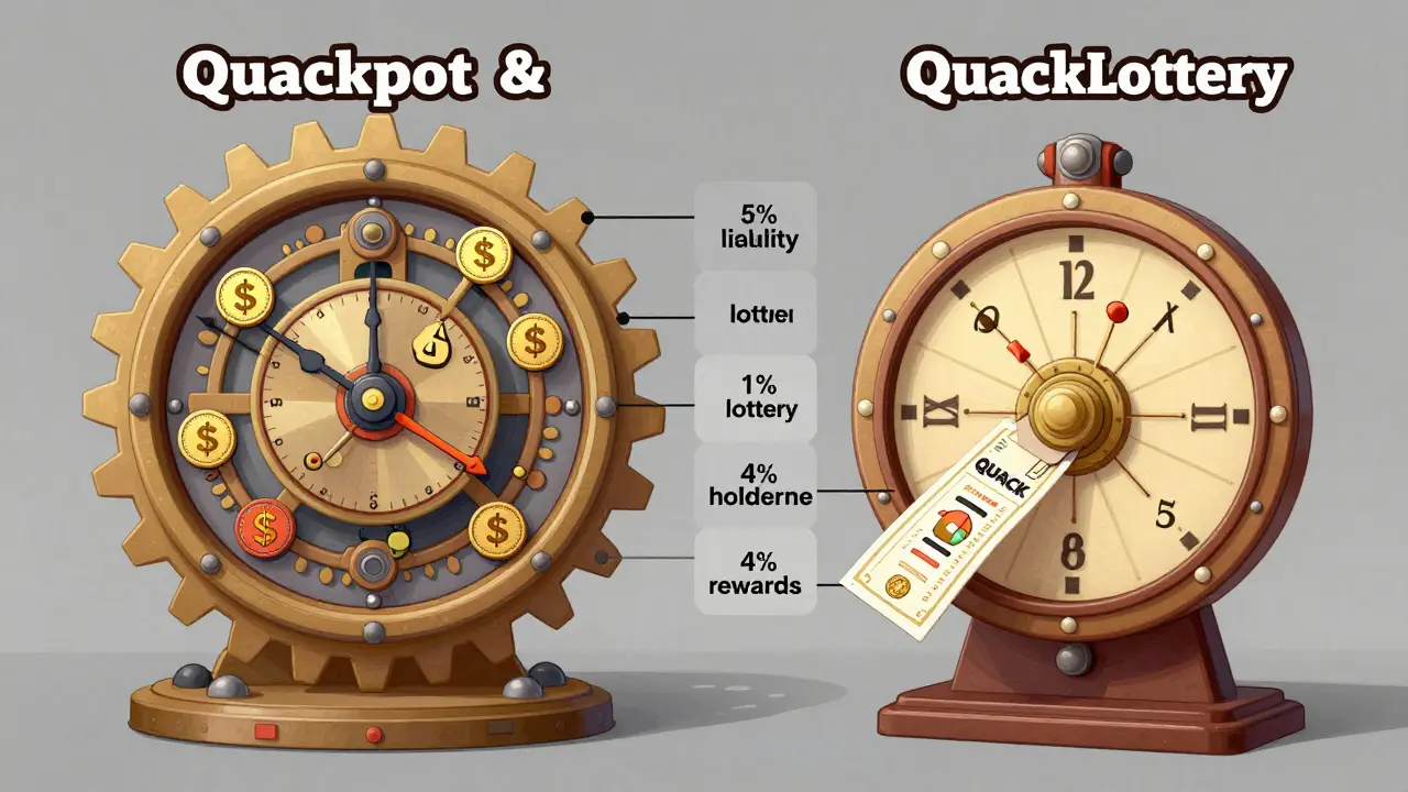Mechanical clockwork system inside a blockchain gear showing Quackpot jackpots and QuackLottery ticket draws with fee allocations labeled.