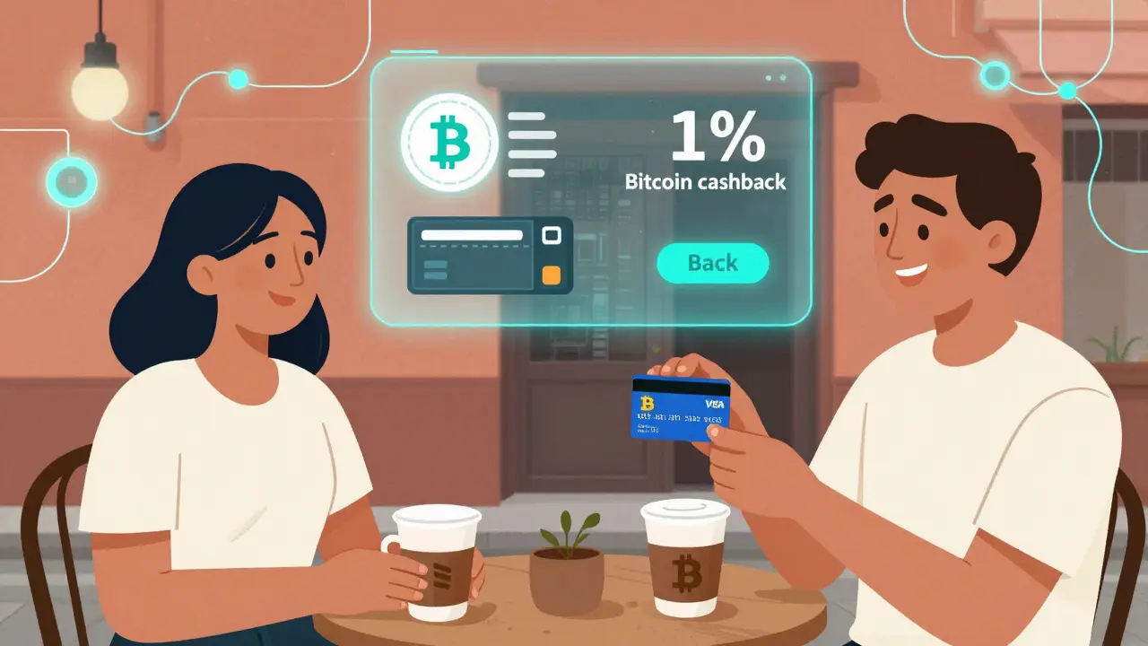 Person spending crypto via Ripio Visa card at a café, with cashback tokens floating nearby.
